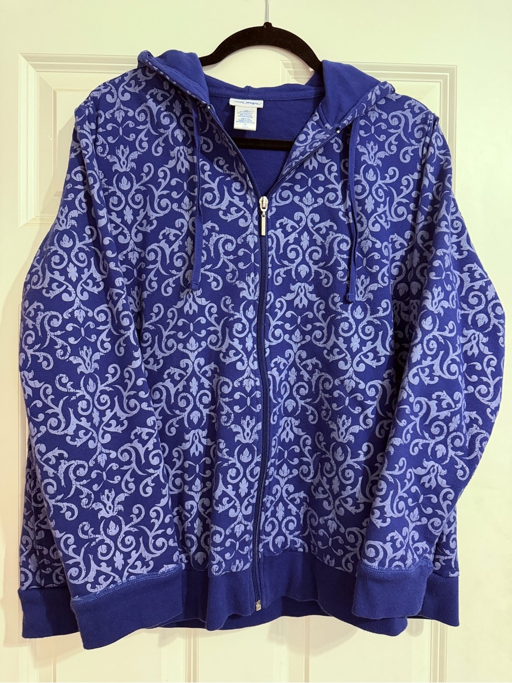 Vintage Vicky Wayne (1980s) Women's Blue Patterned Zip-Front Hooded Jacket
